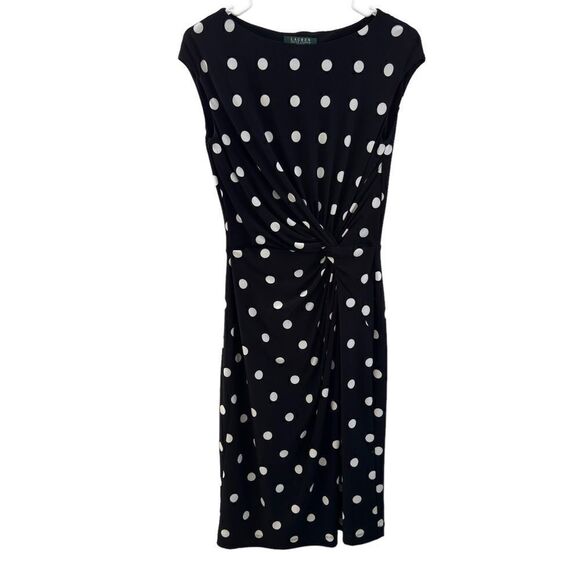 Lauren Ralph Lauren Polka Dot Dress Black Gathered Waist Bodycon Flattering Sz 6 - Picture 1 of 5